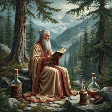 Целитель читает книгу народных рецептов