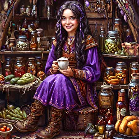 Народная целительница сидит в окружении лечебных трав