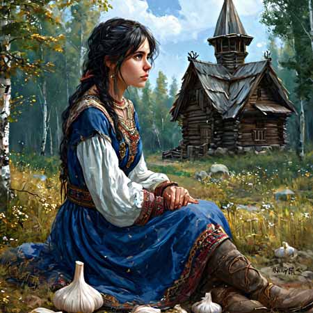 Девушка сидит рядом с чесноком