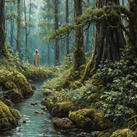 Древний лес с ручьем воды