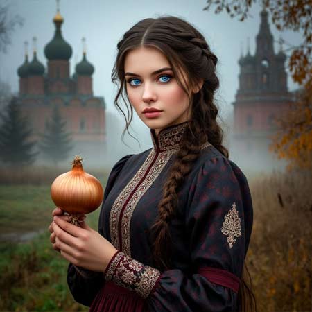 Народная травница держит в руках лук