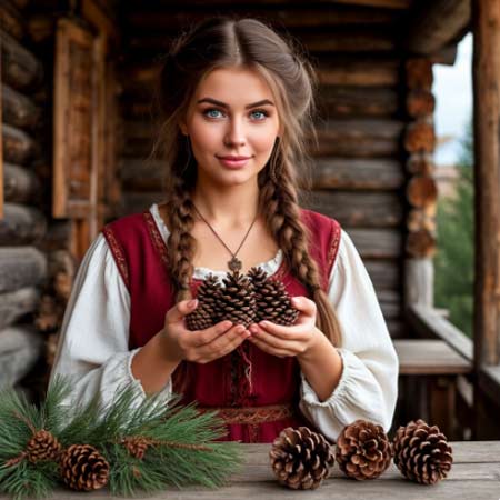 Девушка держит в руках сосновые шишки для лечения диабета