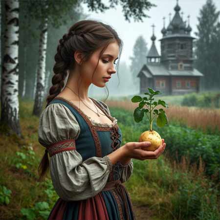 Держит в руке проросший картофель