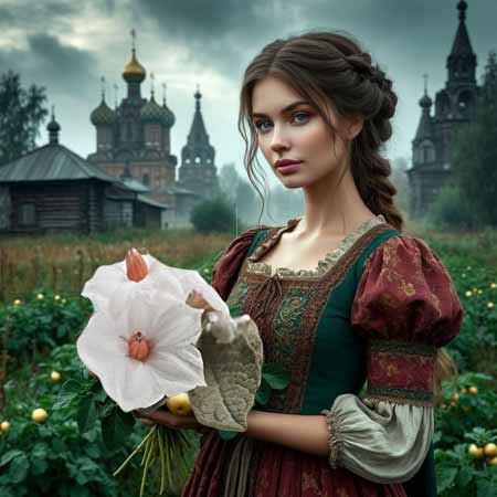 Держит в руке цветки картофеля