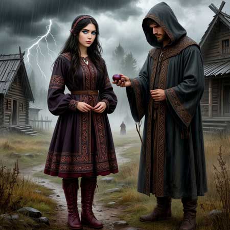 Колдун протягивает девушке чернослив от мозолей