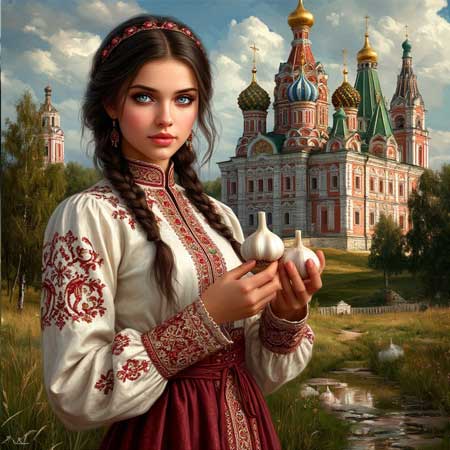Девушка держит в руке чеснок