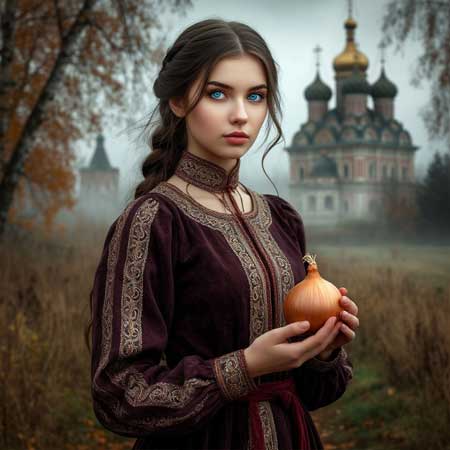 Народная травница держит в руках лук