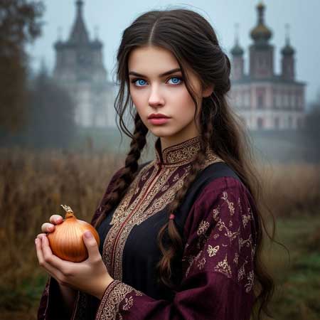 Держит в руках лук для народного лечения трещин на пятках